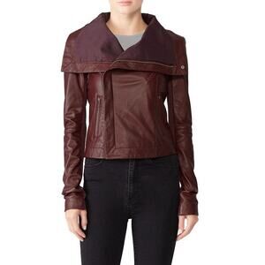 VEDA 100% Lamb Leather Cropped Moto Jacket Size M Burgundy Edgy Indie Rebel Chic